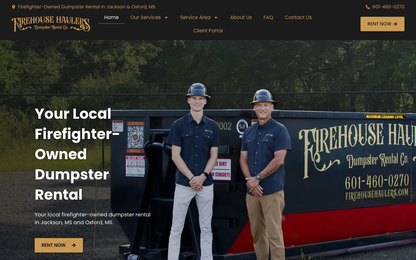 Firehouse Haulers website on a desktop screen